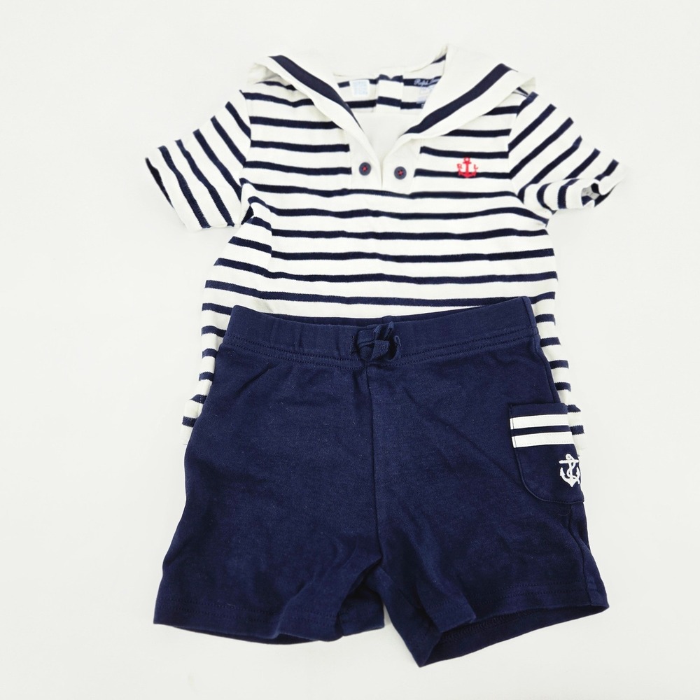 Ralph Lauren Baby Boy Sailor Stripe Knit Top Shorts Set 18M Newport Navy EUC